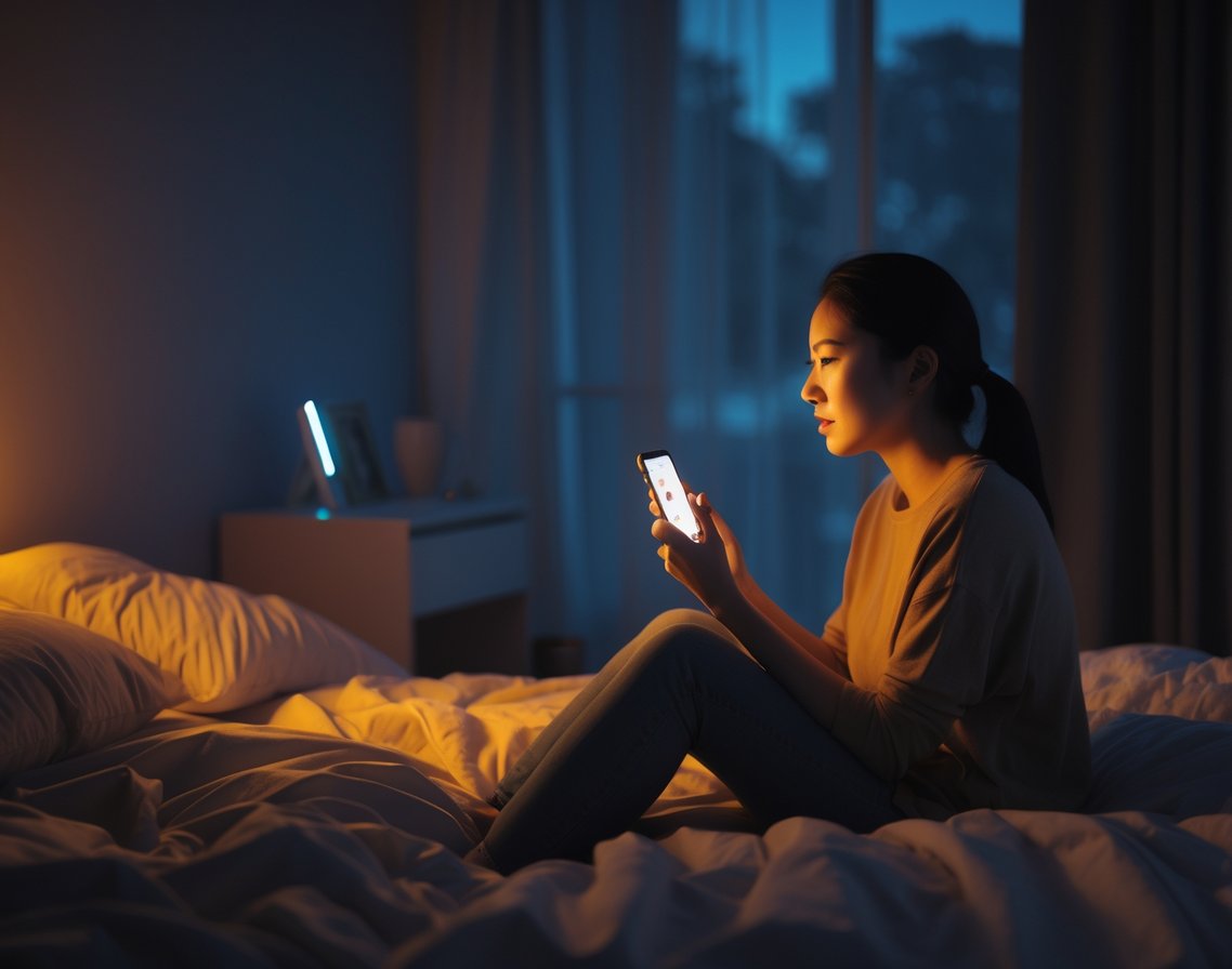 A person sitting on the edge of a bed at night, holding a smartphone with a tired expression in a dimly lit bedroom.