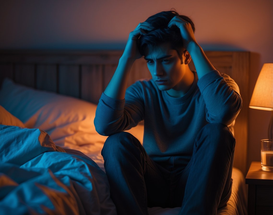 A young adult sitting on the edge of a bed late at night, looking thoughtful and tired, holding a smartphone in a softly lit bedroom.