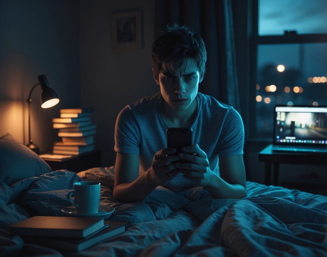 A tired young adult sitting on the edge of a bed at night, looking at a smartphone in a dimly lit bedroom with scattered books and a laptop nearby.