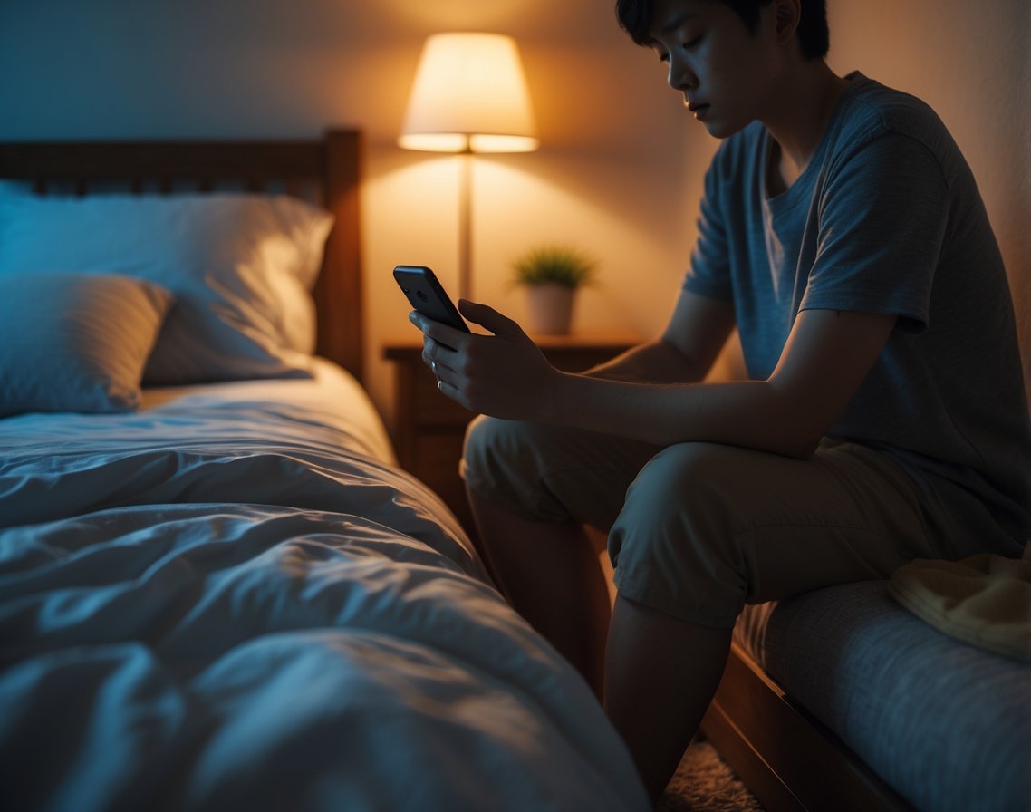 A person sitting on the edge of a bed at night, looking thoughtful while holding a smartphone in a softly lit bedroom.