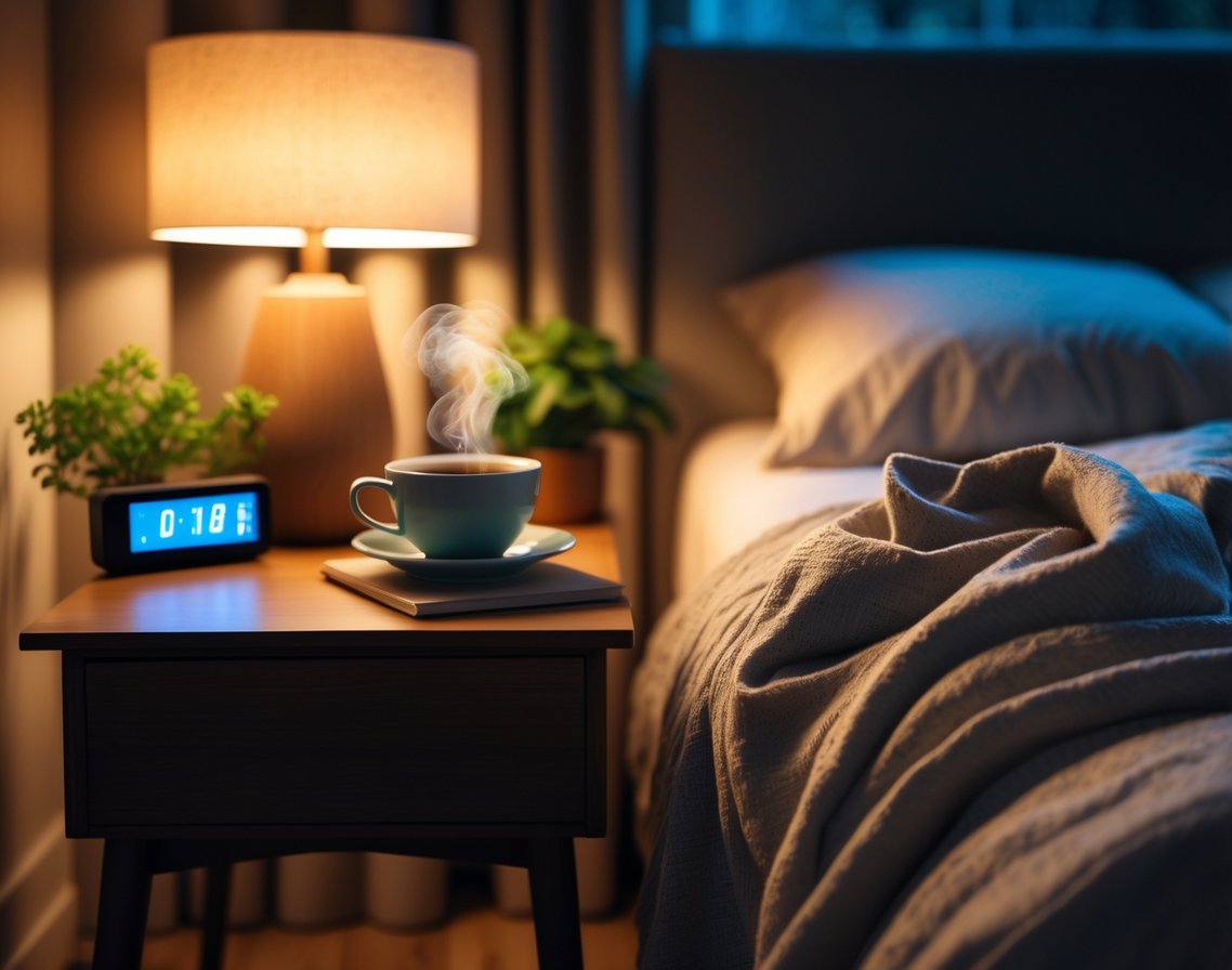 A cozy bedroom at night with a neatly made bed, a bedside table holding a cup of tea, a closed book, and a glowing alarm clock.