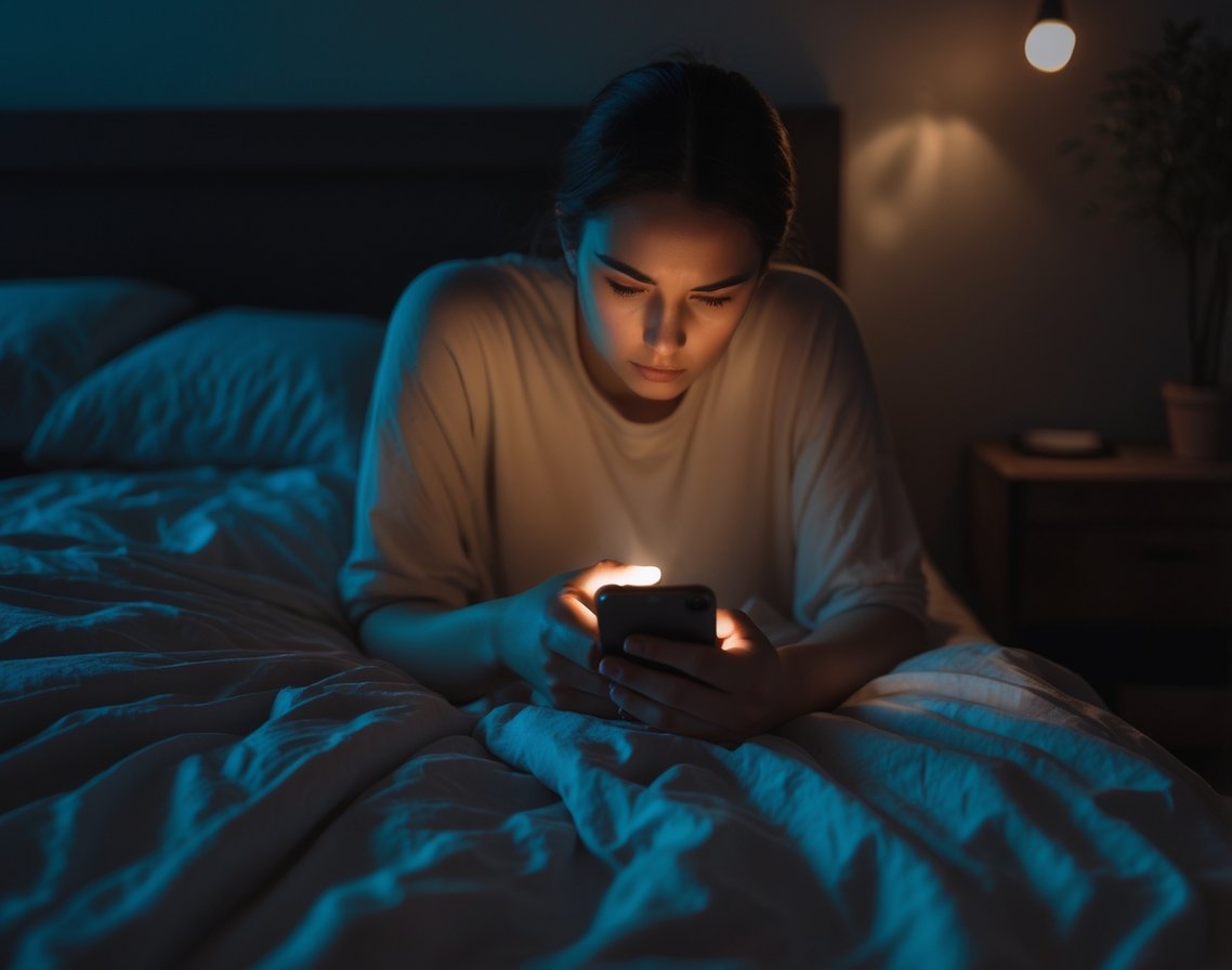 A person sitting on the edge of a bed at night, looking tired while holding a smartphone in a dimly lit bedroom.