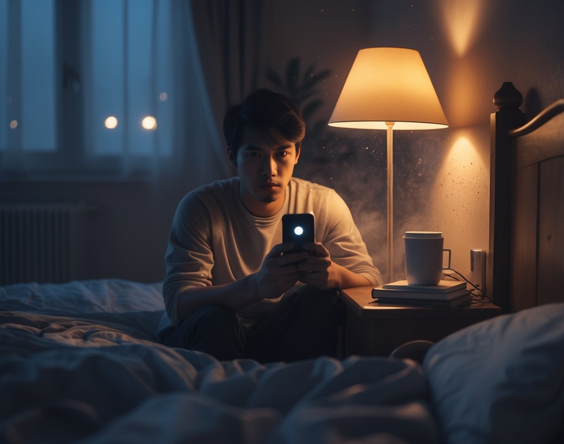 A young adult sitting on the edge of a bed at night, looking tired while holding a smartphone in a softly lit bedroom with a lamp, books, and a digital clock showing a late hour.