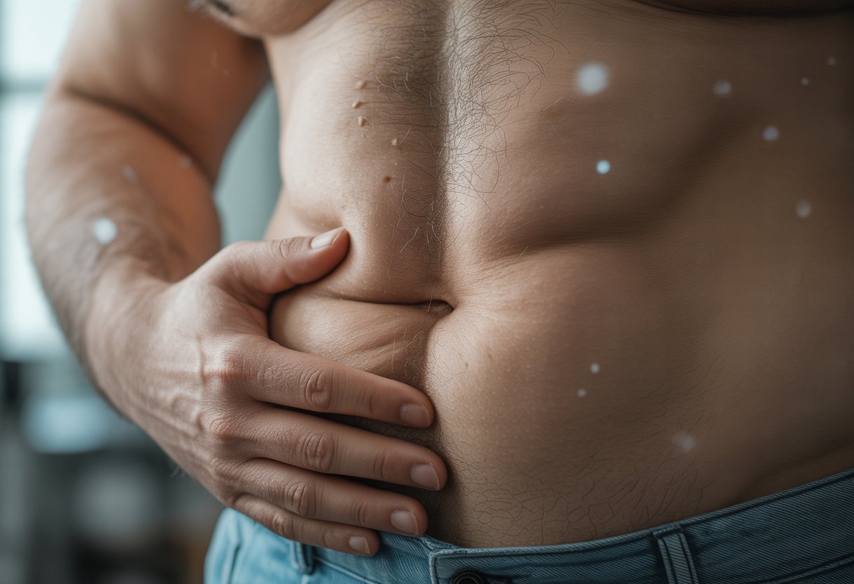 v2-11ngv6-ql6mp - Preventive Medicine Daily Close-up of a person's abdomen with a hand gently resting on it, showing natural skin texture and slight body fat.