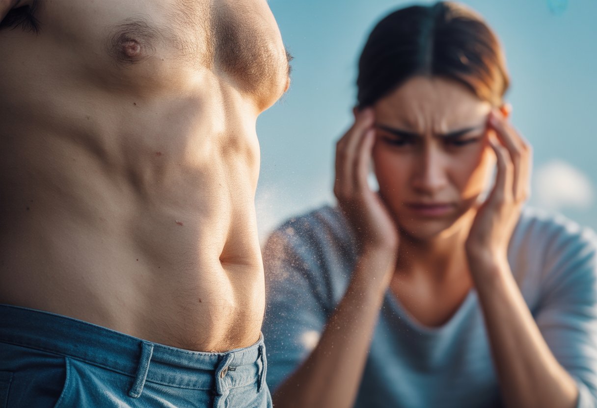 v2-11ngw6-9884p - Preventive Medicine Daily Close-up of a human torso showing slight abdominal fat with a blurred stressed person in the background.