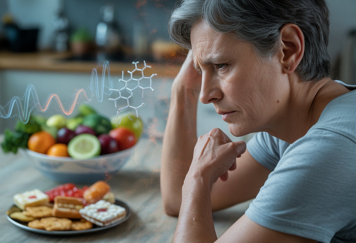v2-11ngx0-acl89 - Preventive Medicine Daily A middle-aged person sitting at a kitchen table with healthy and unhealthy foods, looking thoughtful and stressed.