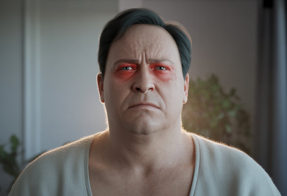 v2-11ngxu-t0yhu - Preventive Medicine Daily Close-up of a middle-aged person showing signs of stress with flushed skin and slight swelling around the eyes, wearing a loose shirt that reveals a rounded midsection.