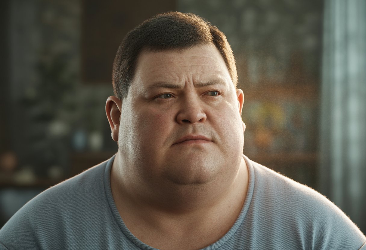 v2-11ngz2-9yqgp - Preventive Medicine Daily Close-up portrait of a middle-aged person showing physical signs of Cushing Syndrome, including a rounded face and central weight gain, with a softly blurred background.