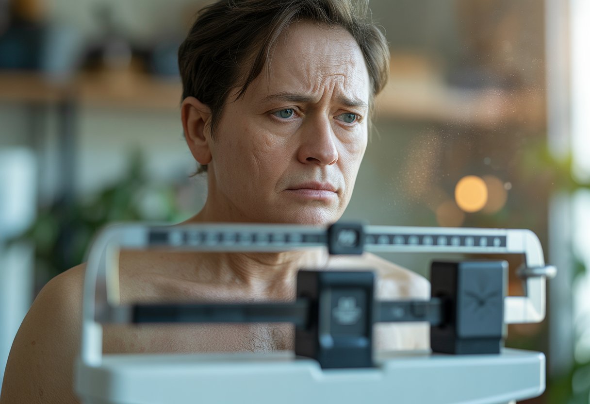 v2-11nh2b-vvt5g - Preventive Medicine Daily A person sitting on a scale with a thoughtful expression, showing signs of stress and fatigue in a softly lit indoor environment.