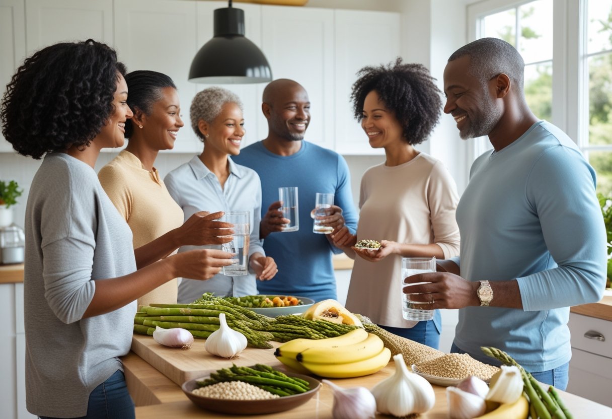 v2-11s7jg-07s8u - Preventive Medicine Daily A group of adults preparing and enjoying fresh prebiotic-rich foods together in a bright kitchen.