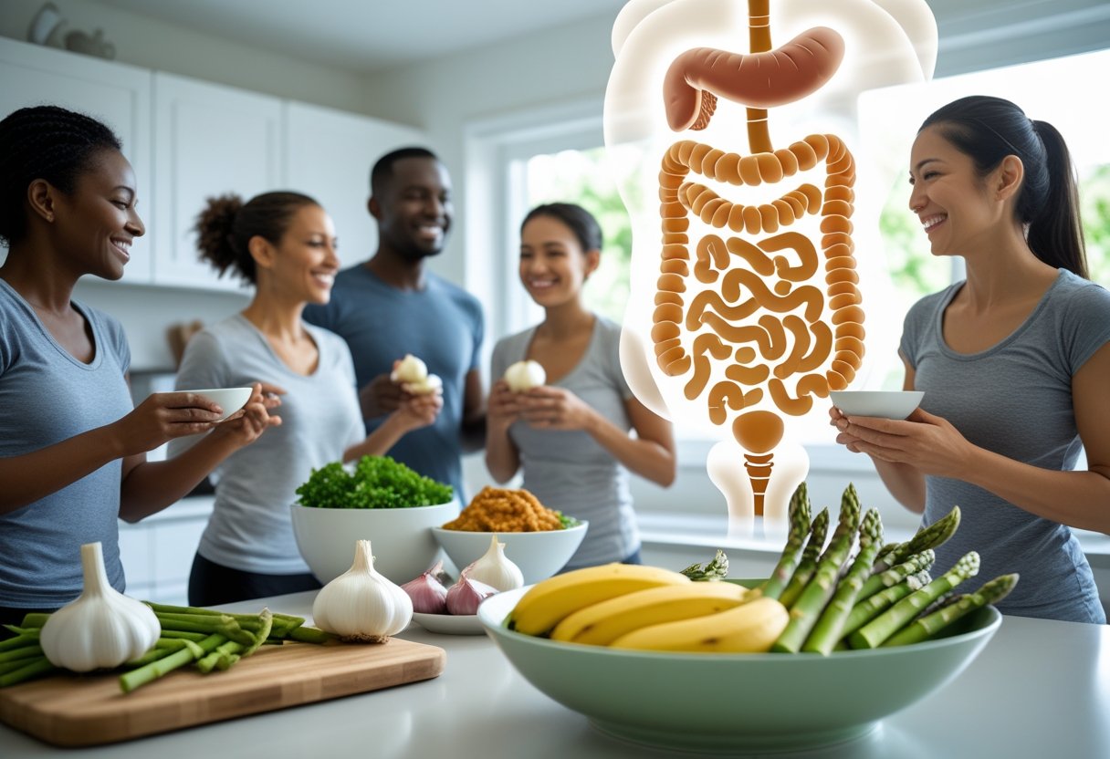 v2-11s7m1-y1ms4 - Preventive Medicine Daily A diverse group of healthy people eating and exercising with a bowl of prebiotic foods and a glowing illustration of the digestive system in the background.