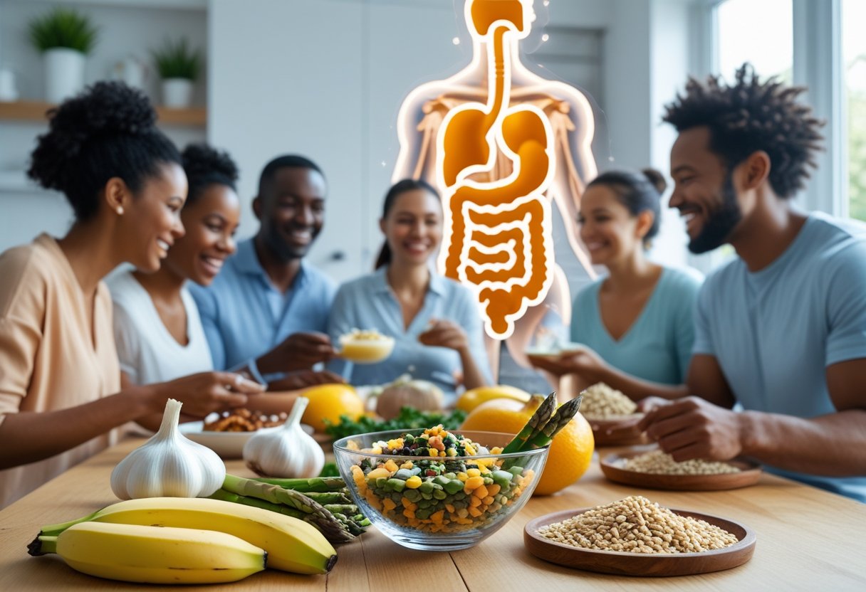 What Happens to Your Body When You Take Probiotics Every Day - Preventive Medicine Daily A group of healthy adults enjoying a breakfast with prebiotic foods like bananas and garlic in a bright kitchen, with a subtle illustration of the digestive system glowing in the background.