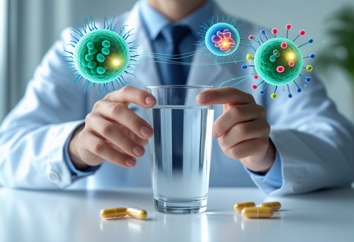 v2-11s7st-nnhfg - Preventive Medicine Daily A person holding a glass of water with a prebiotic capsule nearby, surrounded by visual representations of the immune system and gut bacteria.