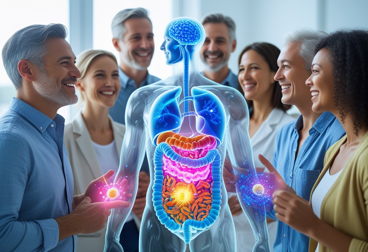 v2-11s7ti-93vzs - Preventive Medicine Daily A diverse group of healthy adults smiling with a glowing 3D illustration of the digestive system showing beneficial bacteria and prebiotic fibers interacting.