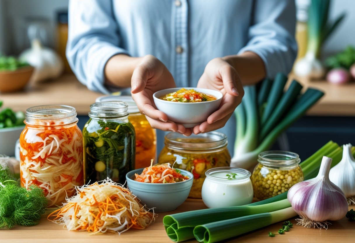 v2-11s7ur-rkxdo - Preventive Medicine Daily A kitchen table with jars of fermented foods like sauerkraut, kimchi, and yogurt, surrounded by fresh vegetables, with a person holding a bowl of yogurt.