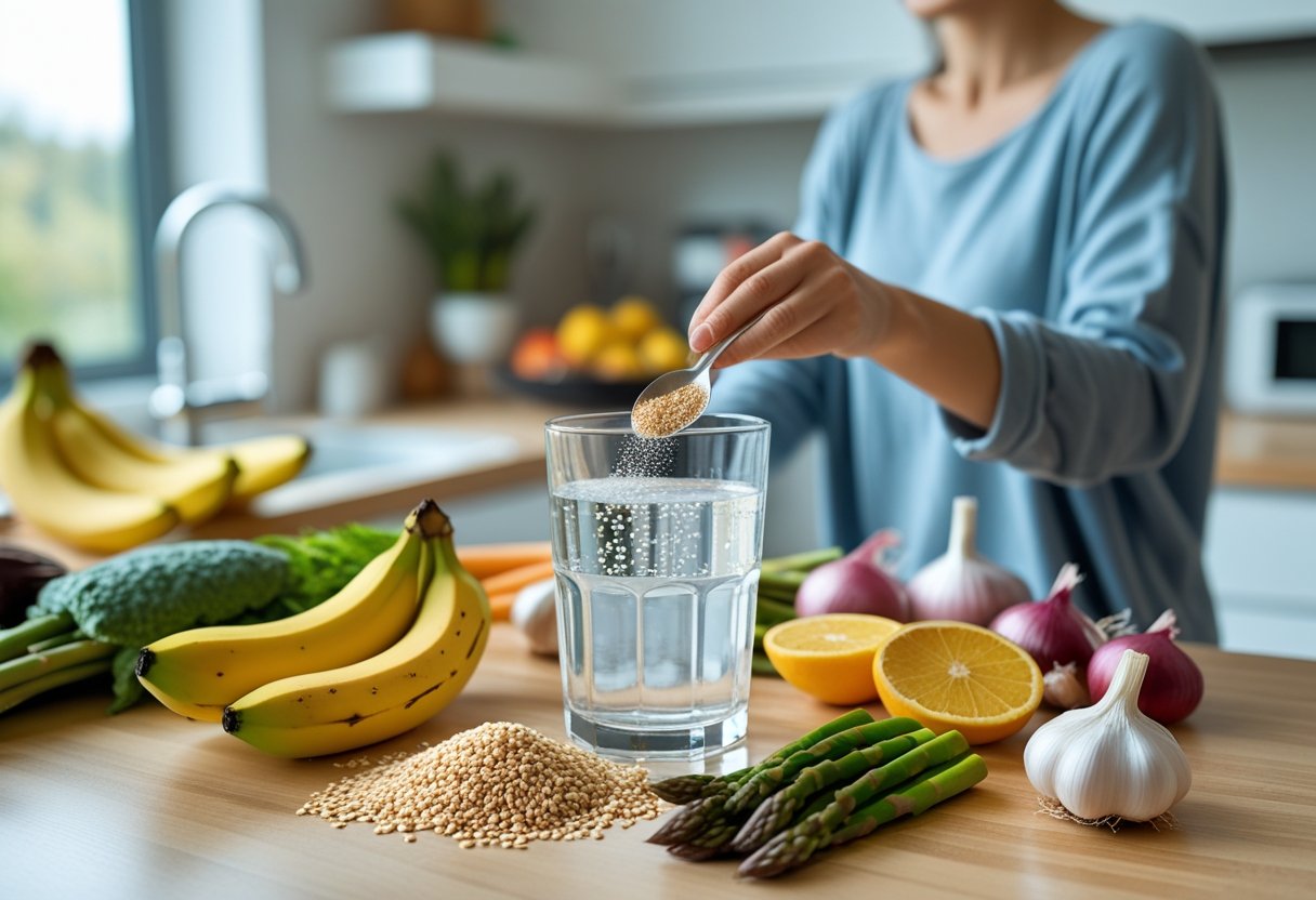v2-11s7yq-c6r0g - Preventive Medicine Daily A person in a bright kitchen reaching for a glass of water with prebiotic supplement powder, surrounded by fresh fruits and vegetables.