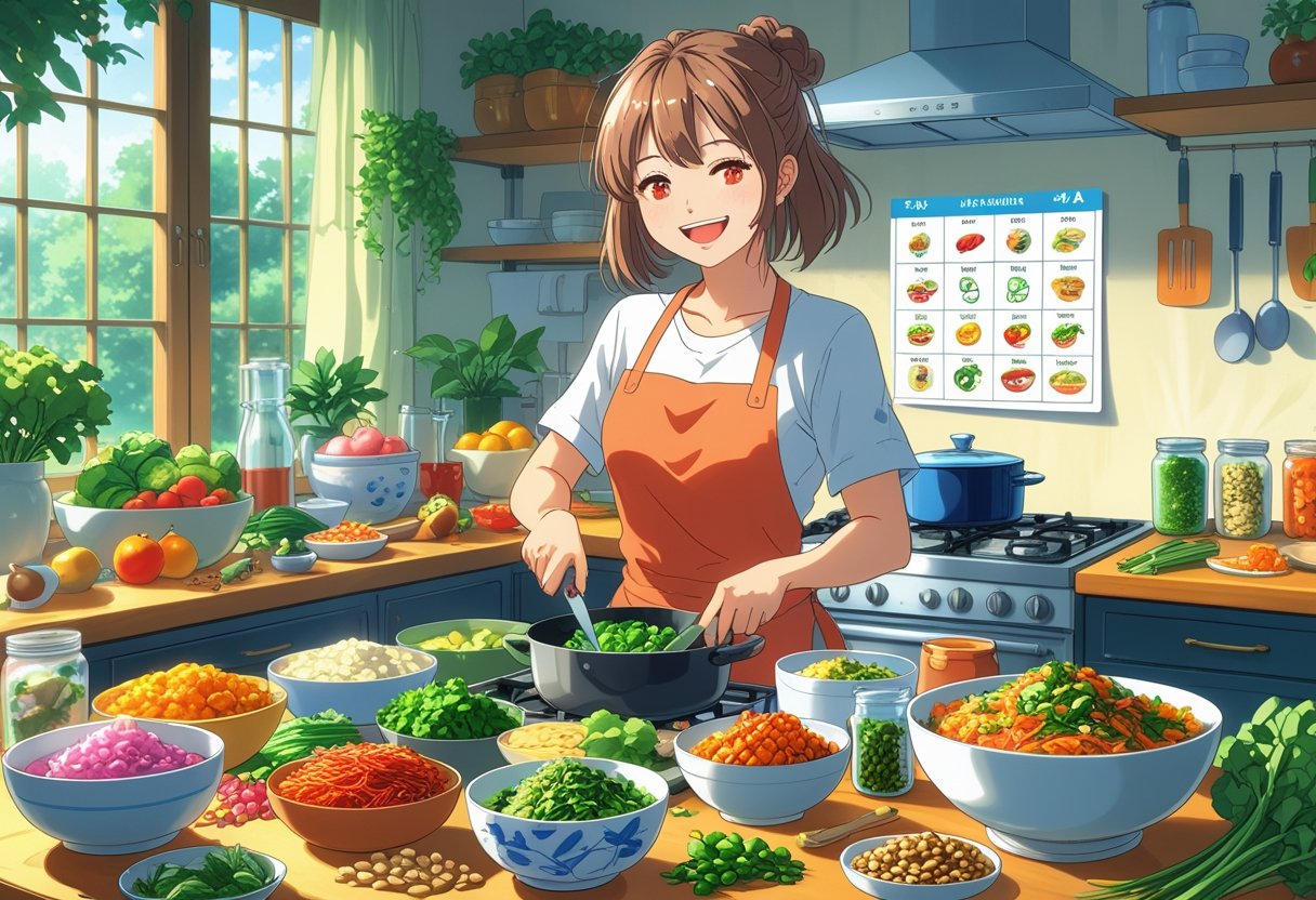 A young woman preparing healthy meals in a bright kitchen filled with fresh vegetables, fruits, and fermented foods.