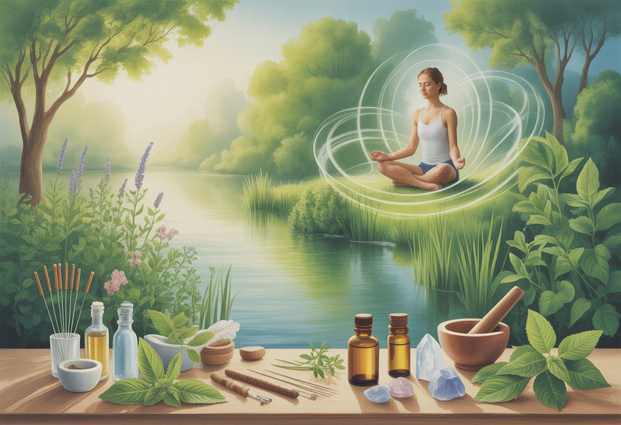 A peaceful natural scene with flowing water, green plants, flowers, and natural healing items like herbs, essential oils, and crystals, with a person meditating in the background.