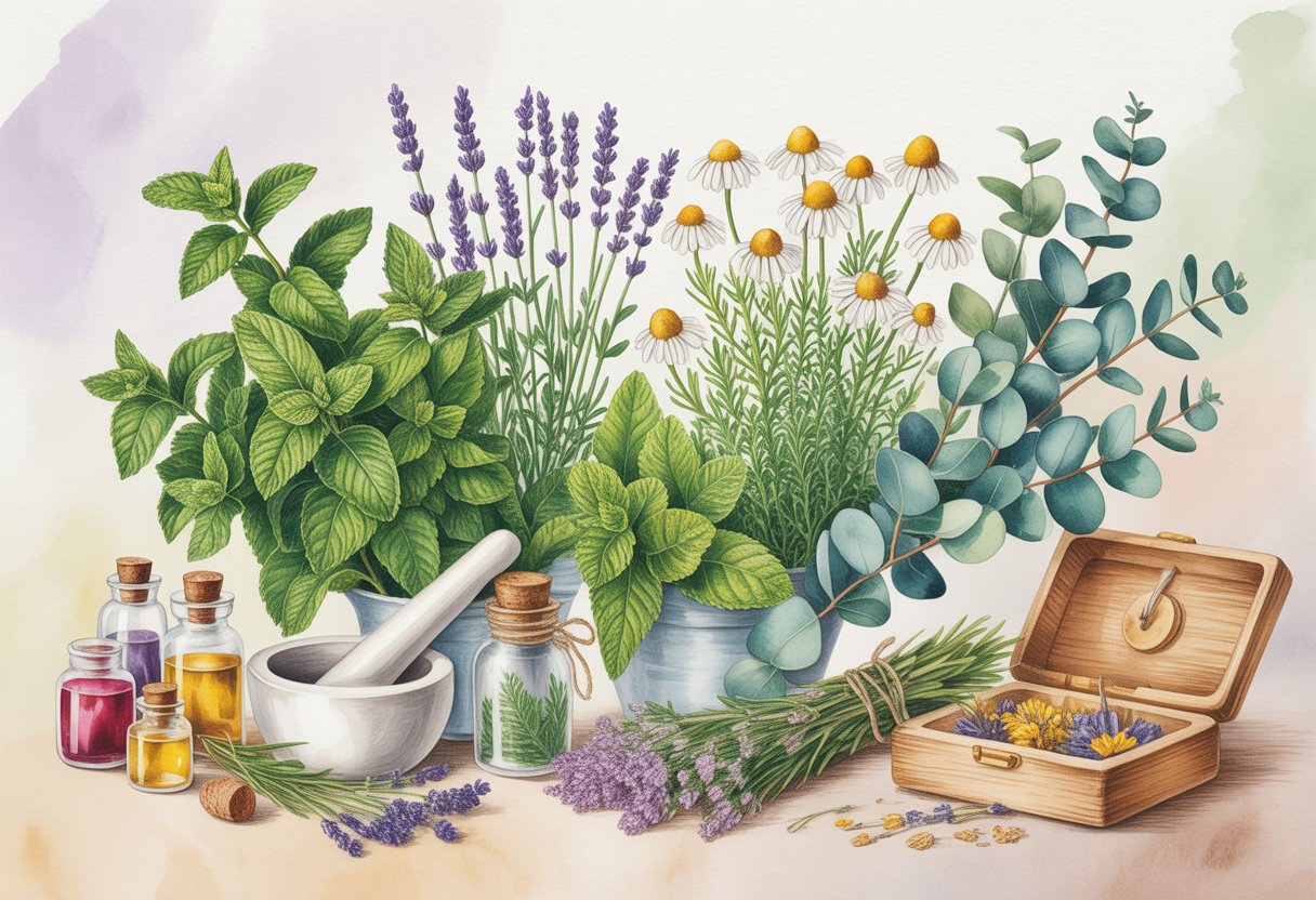 A collection of fresh herbs, flowers, and natural remedies arranged with small glass bottles and a mortar and pestle on a soft background.