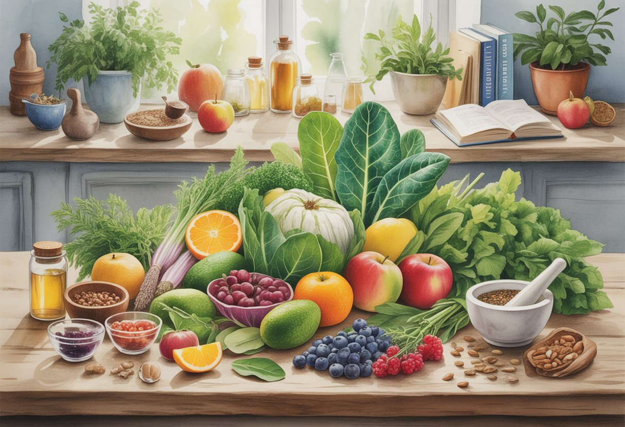 A peaceful kitchen scene with fresh fruits, vegetables, herbs, and jars of herbal remedies arranged on a wooden table, bathed in soft sunlight.