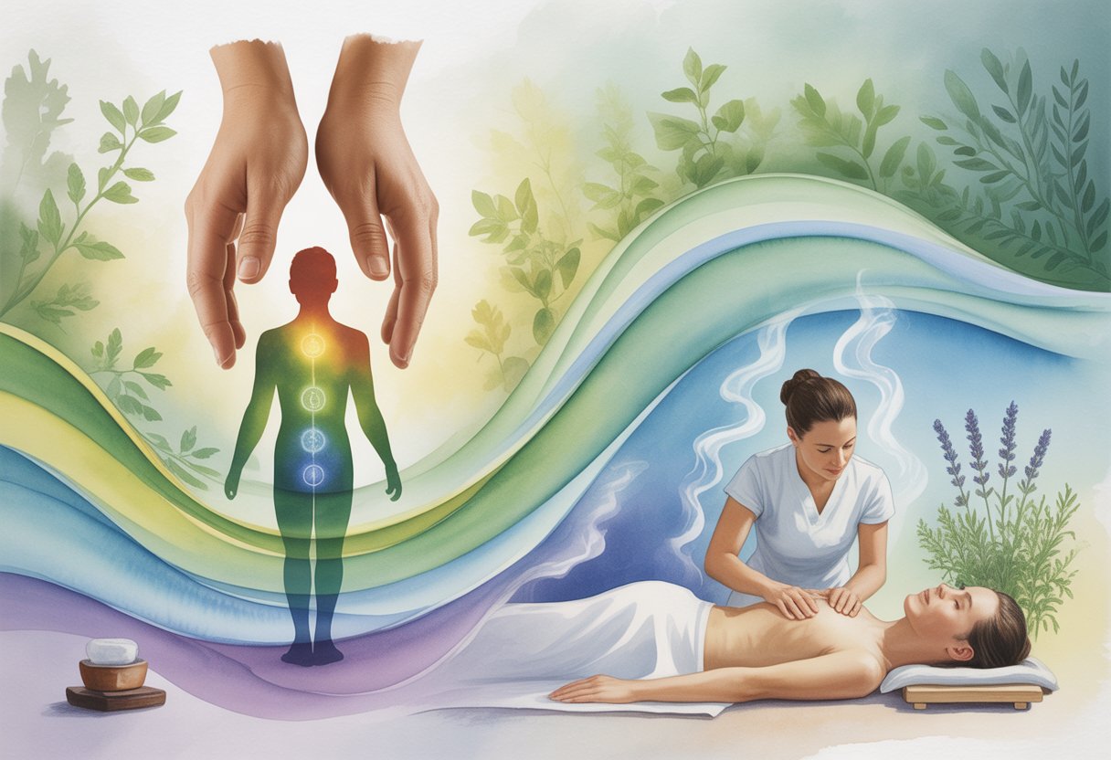 A peaceful scene showing a person receiving energy healing and a gentle massage surrounded by plants and soft natural light.
