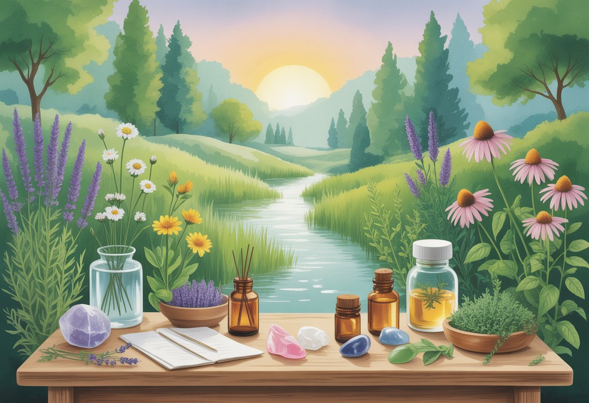 A peaceful natural scene with blooming medicinal plants and healing tools arranged on a wooden table near a flowing stream under a warm sunrise.