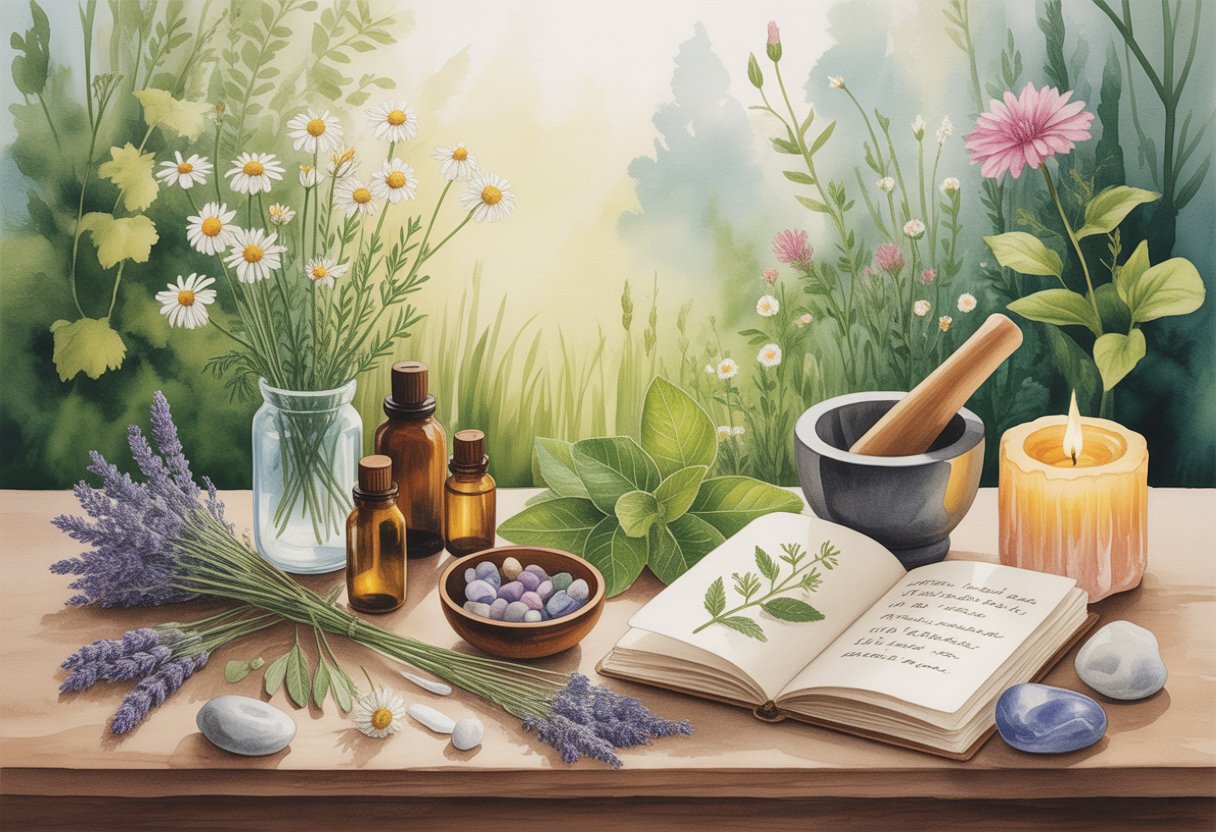 A peaceful scene with herbal remedies, glass bottles, a mortar and pestle, a lit candle, healing crystals, and a garden with flowers and sunlight.