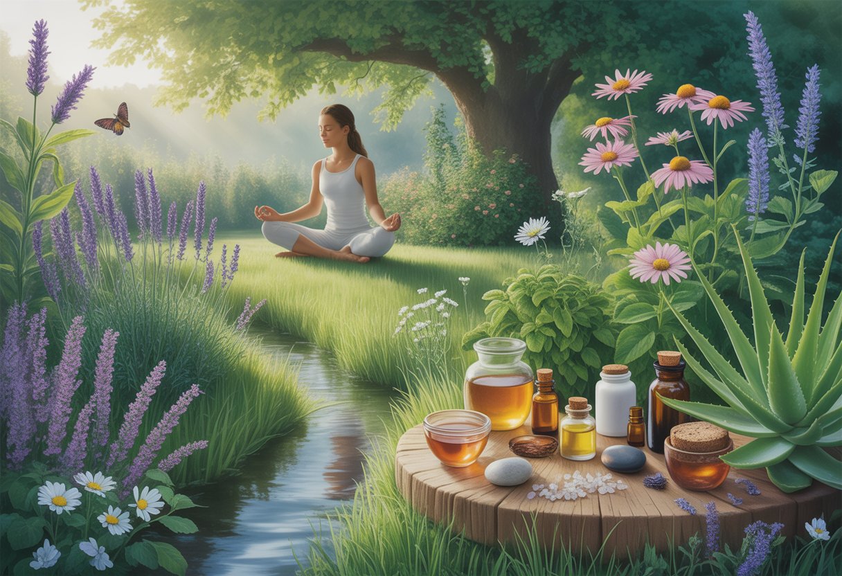 A peaceful garden scene with medicinal plants, natural remedies on a wooden table, and a person meditating under a tree near a flowing stream.