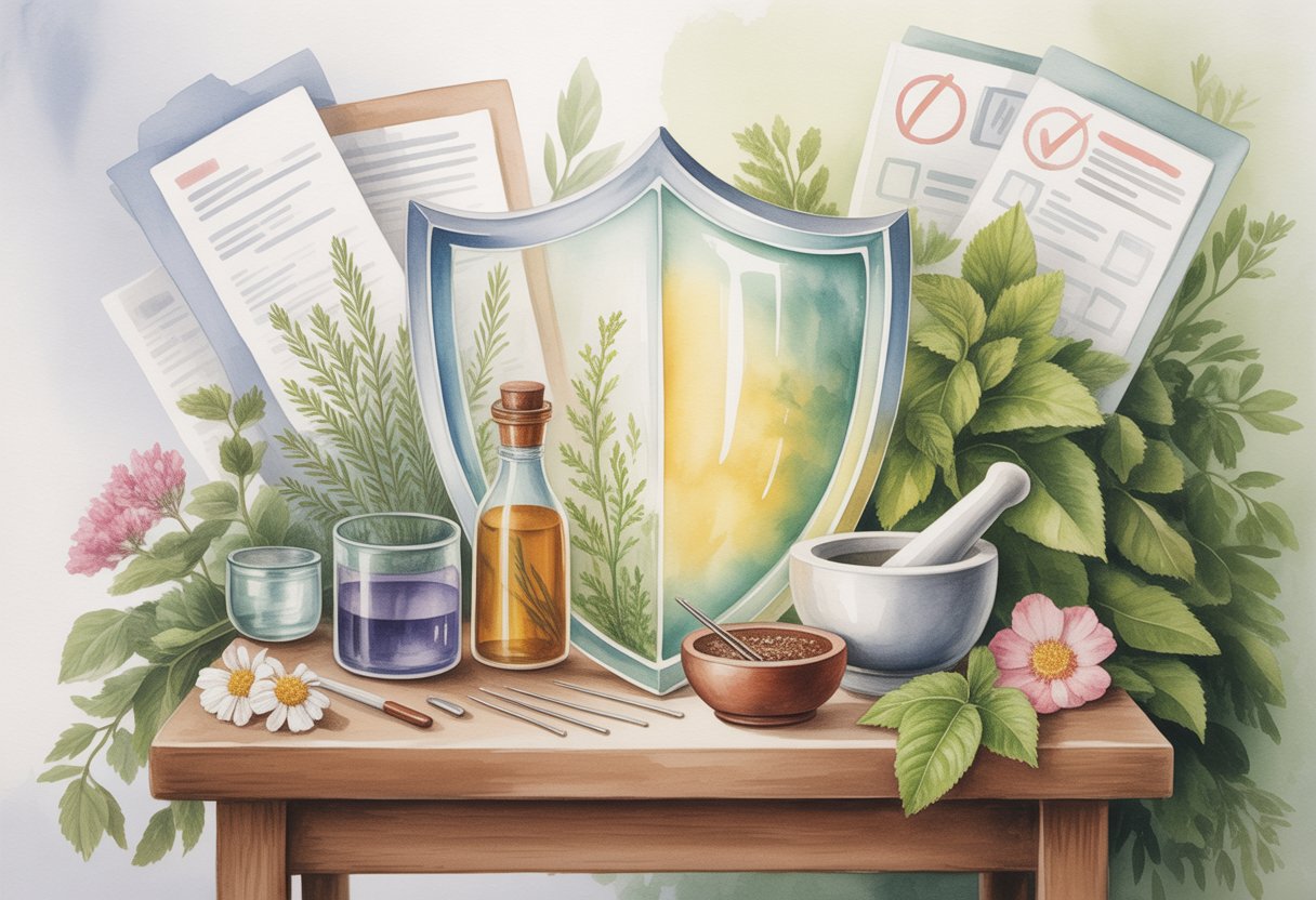 A peaceful scene showing natural healing items like herbs, acupuncture needles, and oils on a table, with a protective shield and faint caution symbols nearby, suggesting safety and risk awareness.