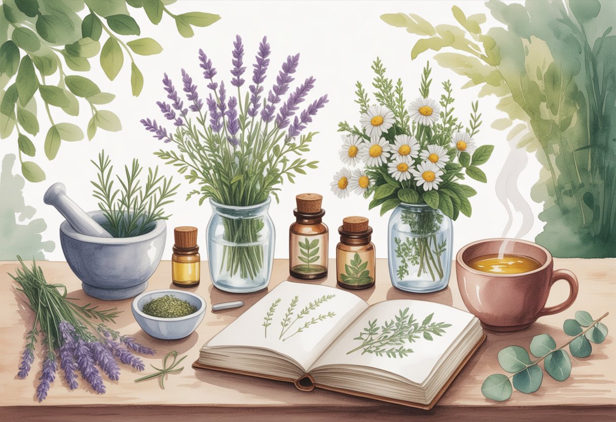A peaceful arrangement of herbs, essential oil bottles, a mortar and pestle, a cup of herbal tea, and an open book on a wooden table surrounded by greenery.