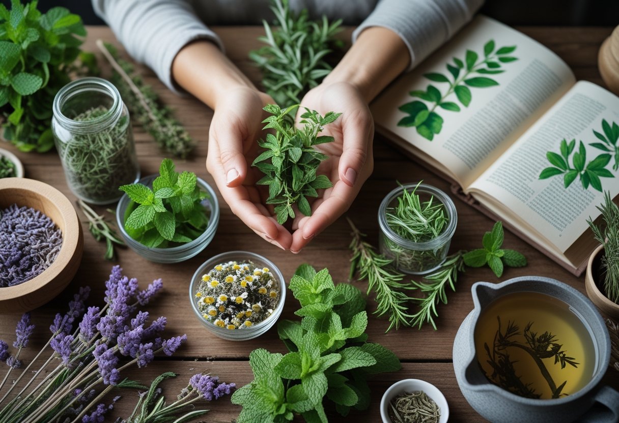 Hands holding fresh herbs over a wooden table with jars of dried herbs, a mortar and pestle, and a teapot brewing herbal tea.