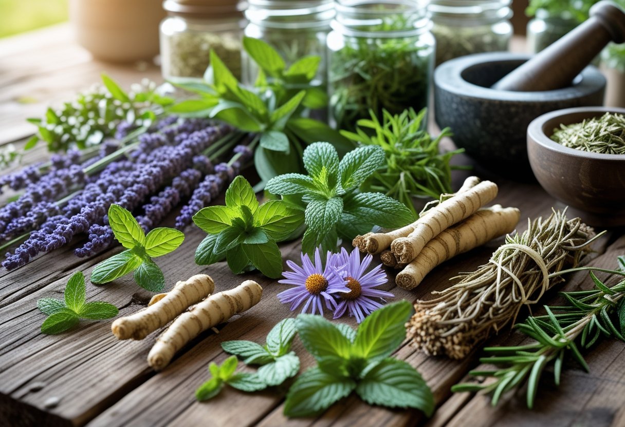 A collection of fresh and dried medicinal herbs arranged on a wooden table with glass jars and a mortar and pestle in the background.
