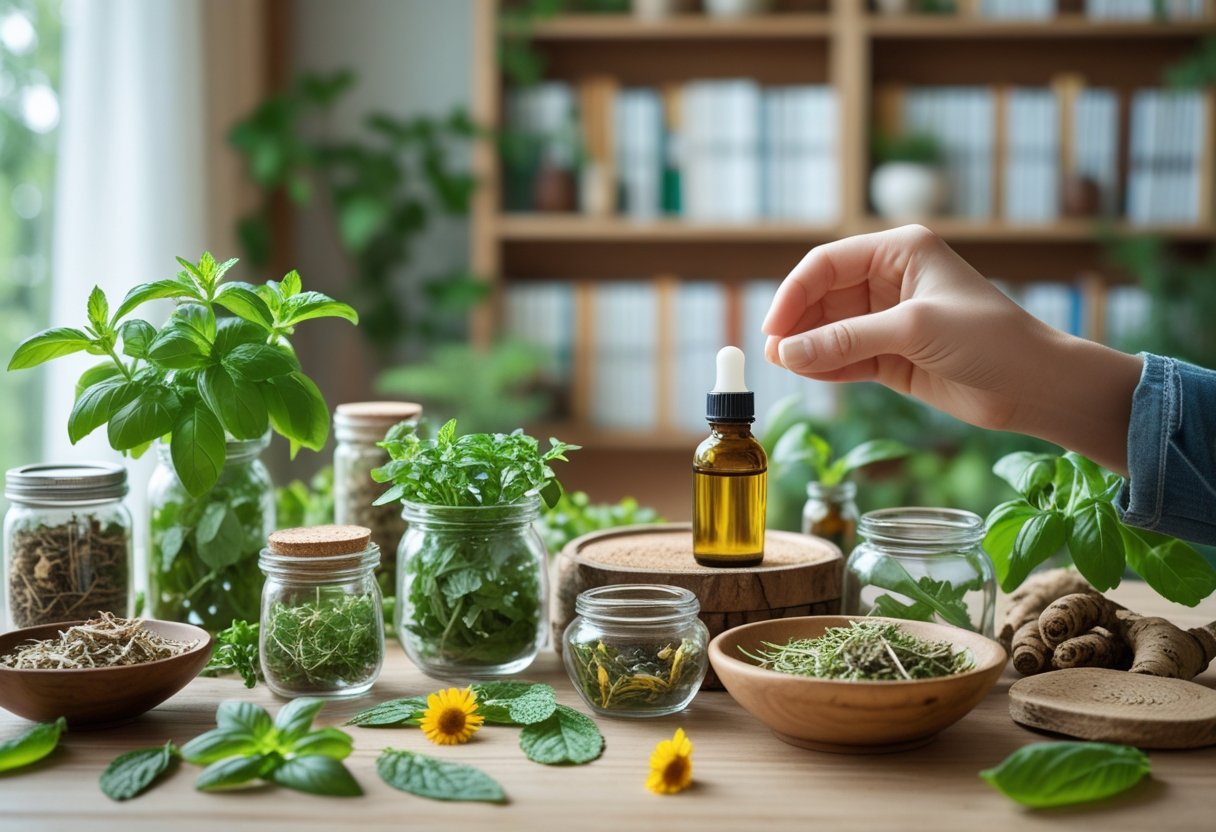 A wooden table with fresh herbs in glass jars and bowls, dried flowers, and a person holding a small herbal tincture bottle, with a bookshelf in the background.