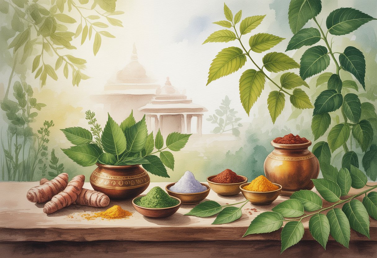 v2-11sv5y-s56dj - Preventive Medicine Daily A peaceful natural scene with green plants, herbs, clay pots, and bowls arranged on a wooden table surrounded by soft sunlight and traditional Indian elements.