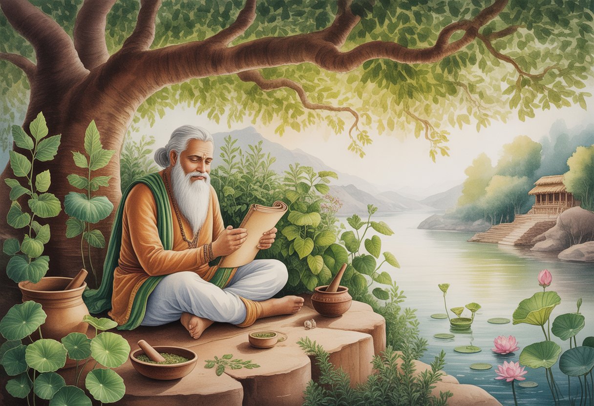 ayurveda - Preventive Medicine Daily An ancient Indian sage sitting under a large banyan tree surrounded by medicinal plants and a flowing river with lotus flowers.