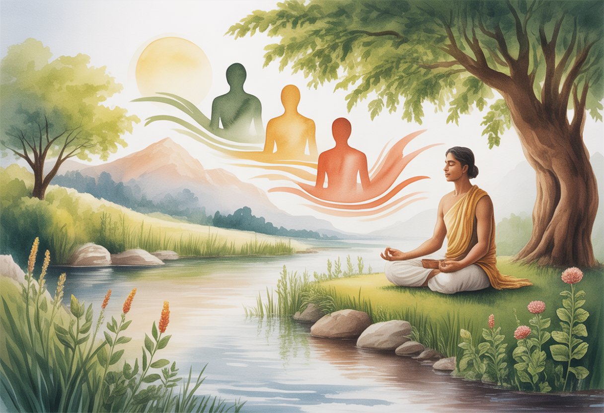 v2-11sv7h-mzgcf - Preventive Medicine Daily A peaceful natural scene with a person meditating under a large tree by a river surrounded by plants and mountains in the background.