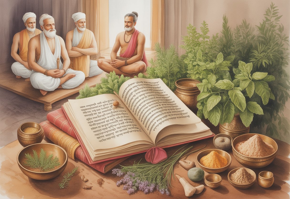v2-11sv8k-57x2b - Preventive Medicine Daily An ancient Indian study with manuscripts, herbs, and figures representing Ayurvedic scholars in traditional robes.
