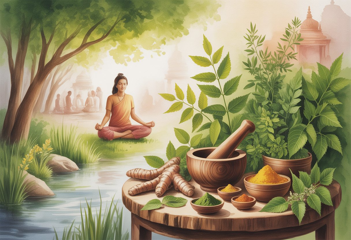 v2-11sv9h-prsla - Preventive Medicine Daily A peaceful natural scene with medicinal plants, a wooden mortar and pestle, clay bowls with herbs, a flowing stream, and a meditating figure near traditional Indian architecture.
