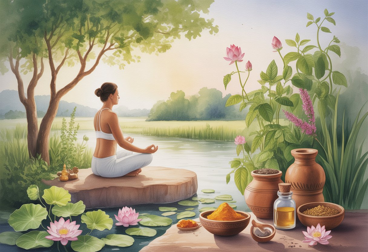 v2-11sval-owzmu - Preventive Medicine Daily A person meditating outdoors surrounded by lotus flowers, herbs, and traditional Ayurvedic items with hills and a river in the background.