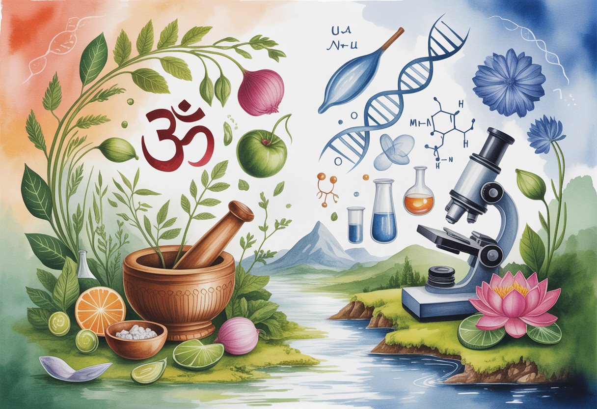 v2-11svbf-97xyh - Preventive Medicine Daily A peaceful scene showing traditional Ayurvedic herbs and symbols alongside modern scientific tools like a microscope and DNA helix, set against a natural landscape.