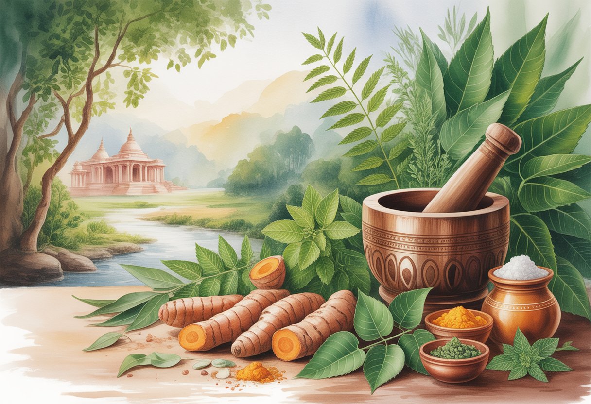 v2-11svca-n7ocm - Preventive Medicine Daily A peaceful scene showing Ayurvedic herbs, a wooden mortar and pestle, clay pots with herbal oils, and a distant ancient temple surrounded by greenery and flowing rivers.