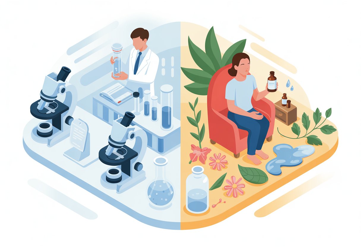 homeopathy - Preventive Medicine Daily A split scene showing a scientist in a lab with microscopes on one side and a person holding homeopathic remedies surrounded by herbs on the other.