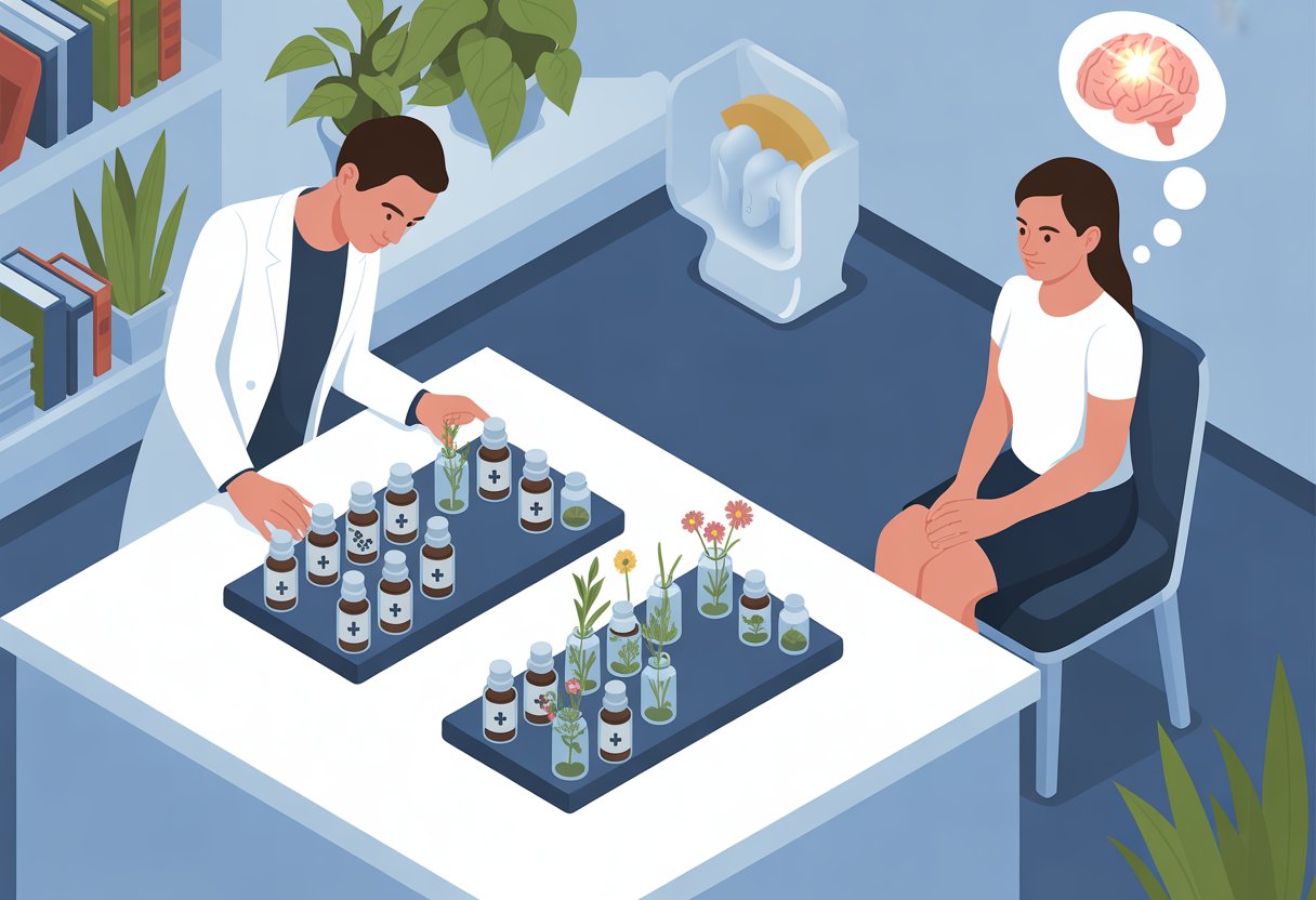v2-11t028-b5o2q - Preventive Medicine Daily A scientist in a lab examines vials and pills while a patient receives treatment, with elements representing both scientific medicine and natural homeopathy in a clean workspace.