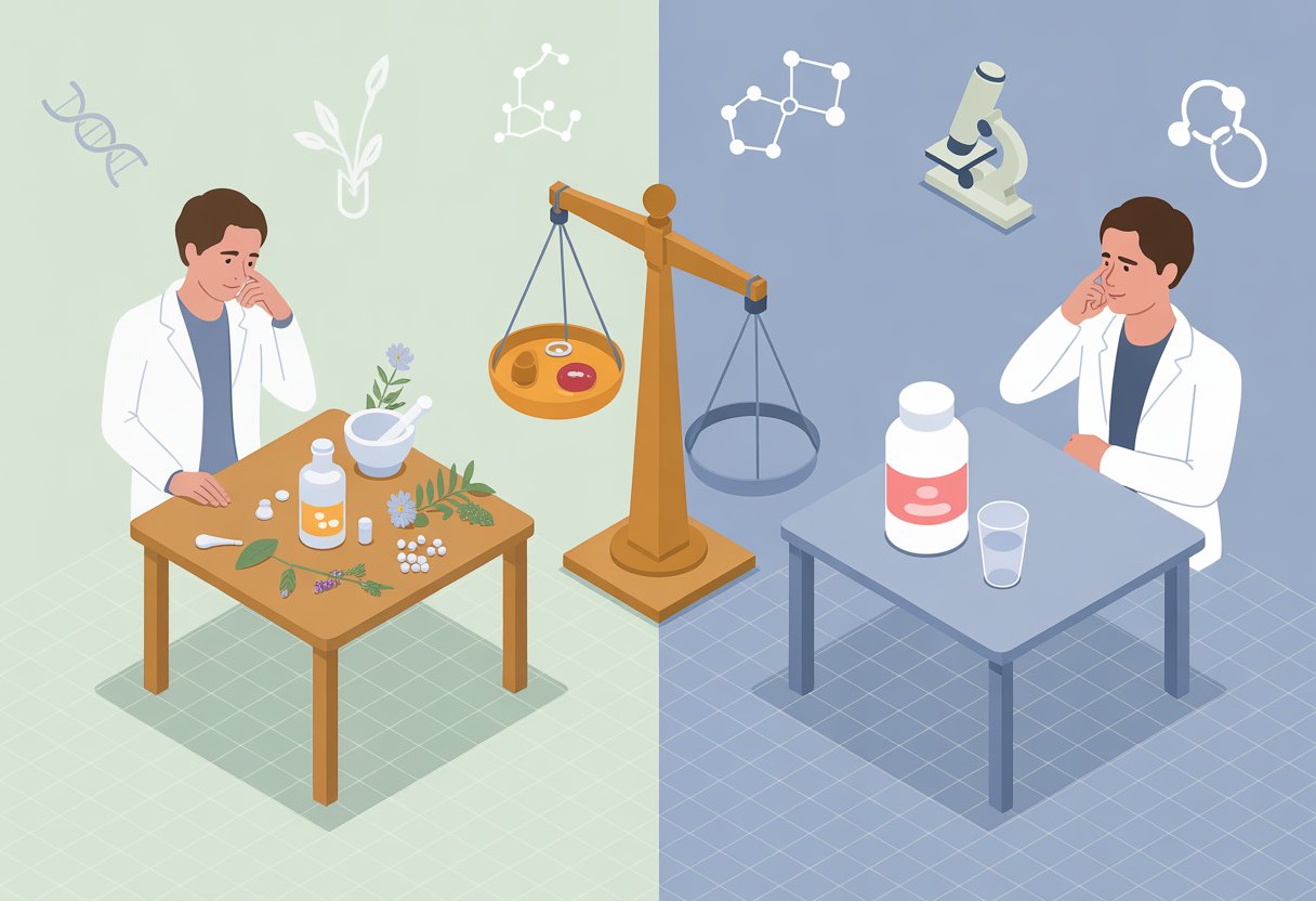 v2-11t033-lz1wb - Preventive Medicine Daily An illustration showing a comparison between homeopathy and placebo with two people examining remedies on separate tables, a balance scale between them, and scientific symbols floating overhead.