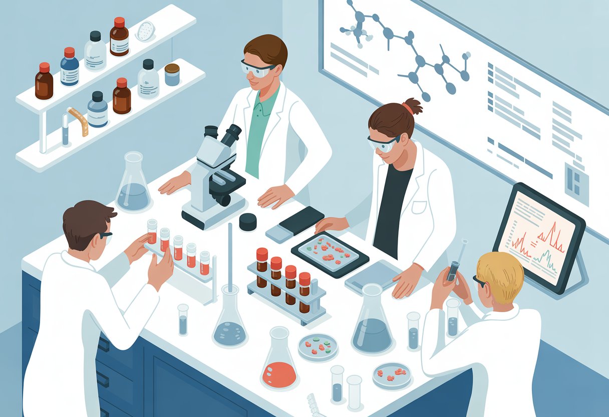 v2-11t03v-594wd - Preventive Medicine Daily A laboratory scene with scientists examining test tubes and homeopathic remedy bottles while analyzing scientific data and molecular diagrams.