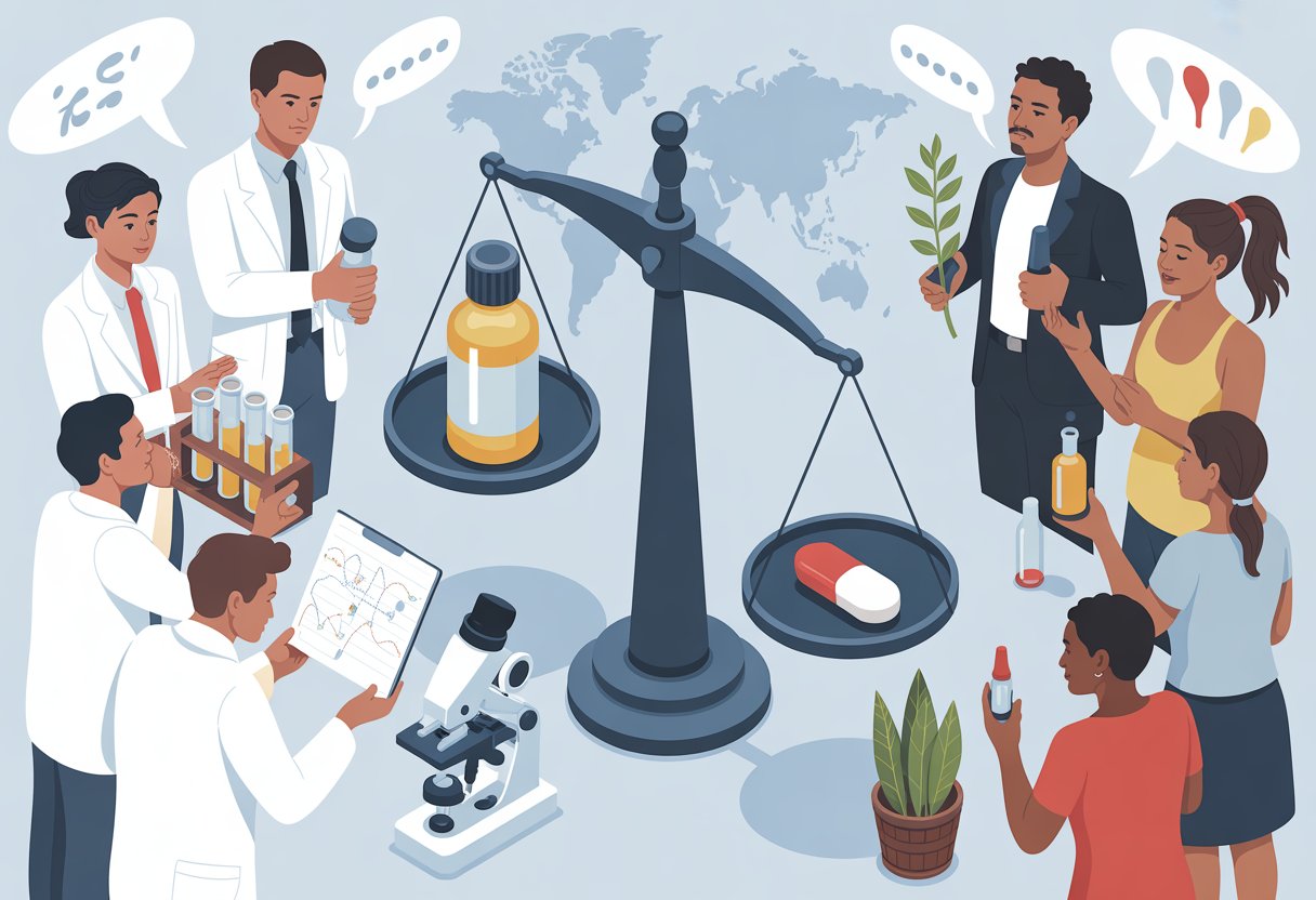 v2-11t04s-ofvyo - Preventive Medicine Daily A balanced scene showing scientists examining lab equipment on one side and diverse people holding homeopathic remedies on the other, with a central scale balancing a remedy bottle and a placebo pill, set against a world map background.