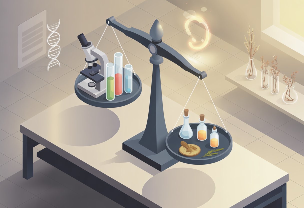 v2-11t05q-fvuqe - Preventive Medicine Daily A balanced scale on a table with scientific equipment on one side and homeopathic items on the other, symbolizing a comparison between science and placebo.