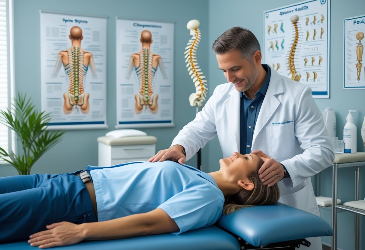 v2-11t0px-6gk6j - Preventive Medicine Daily A chiropractor adjusting the spine of a patient lying on a treatment table in a modern clinic with spine charts and a spine model in the background.