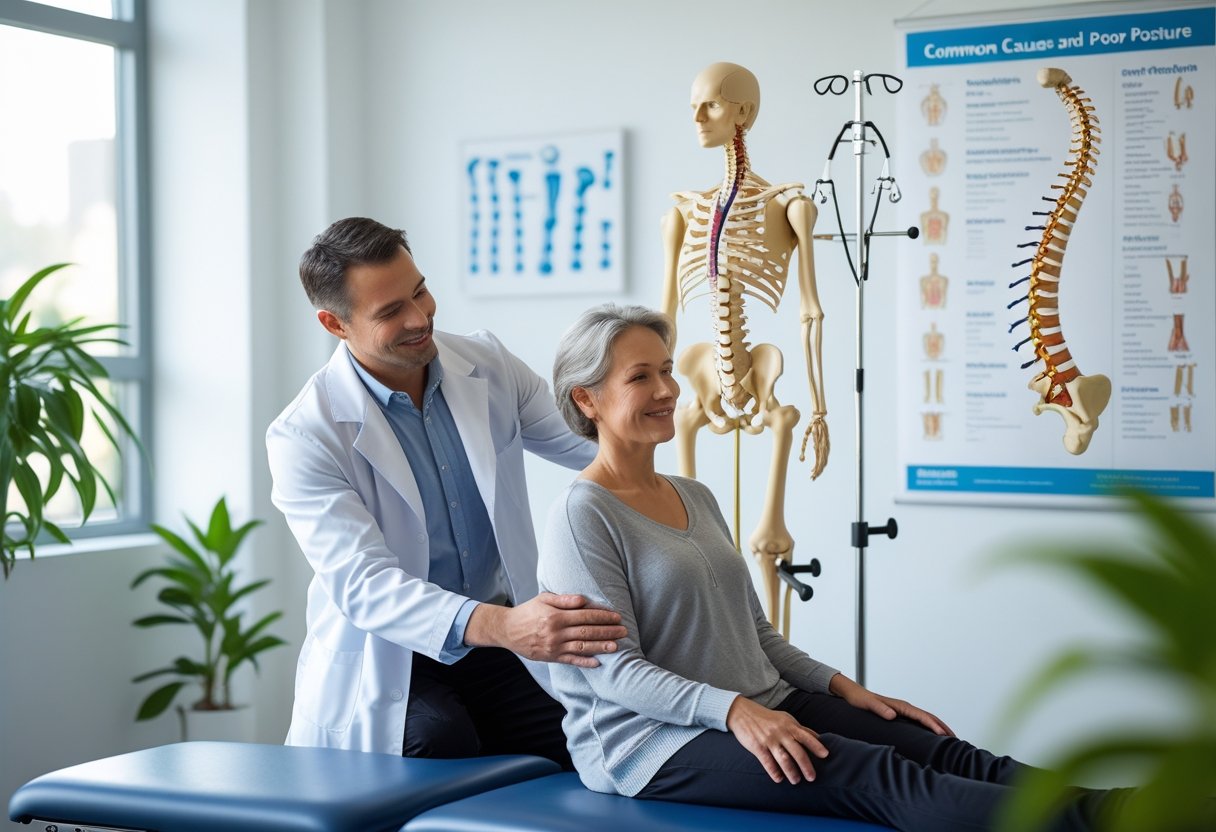 v2-11t0rj-qoals - Preventive Medicine Daily A chiropractor examining a patient's back in a bright clinic with a spine model and posture charts in the background.