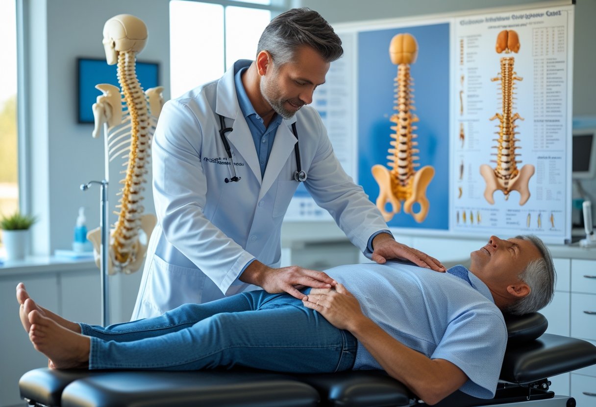 v2-11t0th-m3dqs - Preventive Medicine Daily A chiropractor examines a patient's spine while the patient sits on an adjustment table in a bright clinical room with spine models and posture charts in the background.